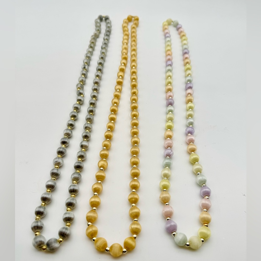 Vintage Jewelry  Silk Thread and Gold Bead Necklace, Pastel, Gold And Gray